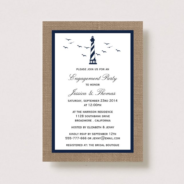 Invitation Phare Bleu De La Marine Sur Burlap Fiançailles Nau (Créateur téléchargé)