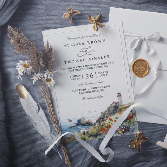 Invitation Phare de Fleur Sauvage de Plage Mariage Élégant de (Créateur téléchargé)