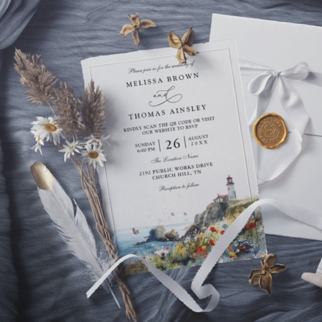Invitation Phare de fleurs sauvages de plage Mariage code QR  (Créateur téléchargé)