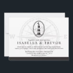 Invitation Phare de la plage noire et blanche | MARIAGE<br><div class="desc">Un mariage nautique classique mais moderne sur le thème de la longueur invite. Les invitations disposent d'un phare nautique dans un style vintage avec les noms de la mariée et du marié en dessous En plus des détails mariages. Faded dans l'arrière - plan est un rose de boussole vintage utilisé...</div>