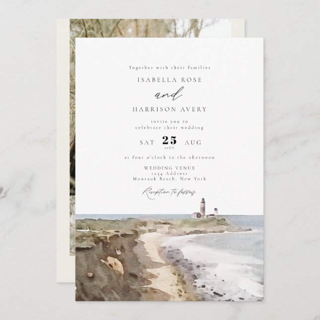 Invitation Phare de MONTAUK Mariage d'aquarelle de New York (Devant / Derrière)