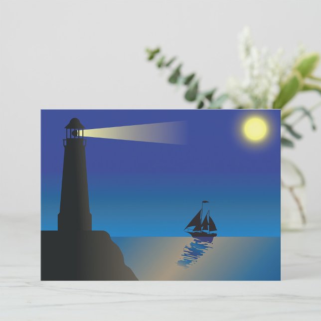 Invitation Phare et voilier la nuit Océan éclairé par la lune (Créateur téléchargé)