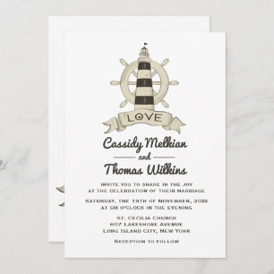 Invitation Phare Nautical Ship Wheel Tan Mariage