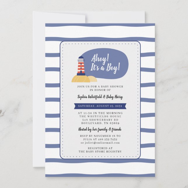 Invitation Phare Nautique Ahoy C'est un Baby shower garçon (Devant)