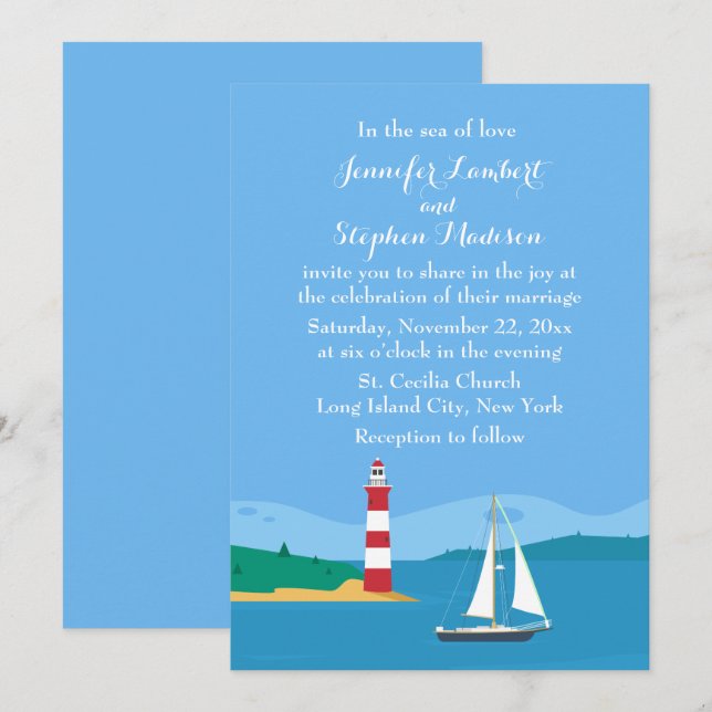 Invitation Phare Nautique et Mariage Blue Ocean (Devant / Derrière)