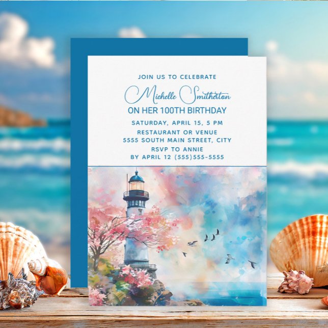 Invitation Phare océanique nautique 100e anniversaire (Lighthouse/beach birthday party invitation)