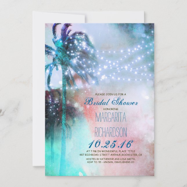 Invitation phares à cordes palmiers plage douche nuptiale (Devant)