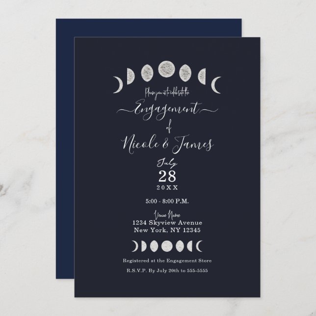 Invitation Phases de la lune Astrologie bleue Fiançailles cél (Devant / Derrière)