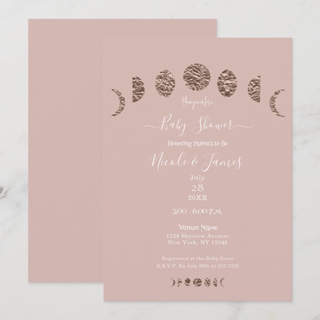 Invitation Phases de la lune rose Boho Baby shower moderne (Devant / Derrière)