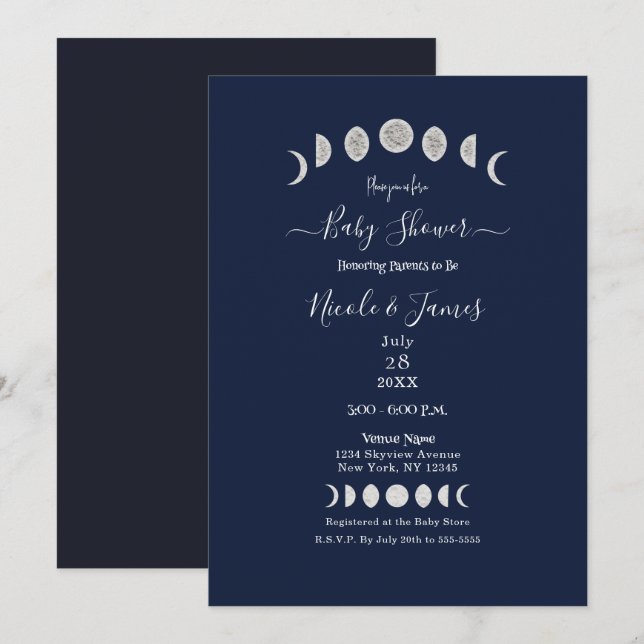 Invitation Phases de Lune Astrologie Céleste Baby Shower Bleu (Devant / Derrière)