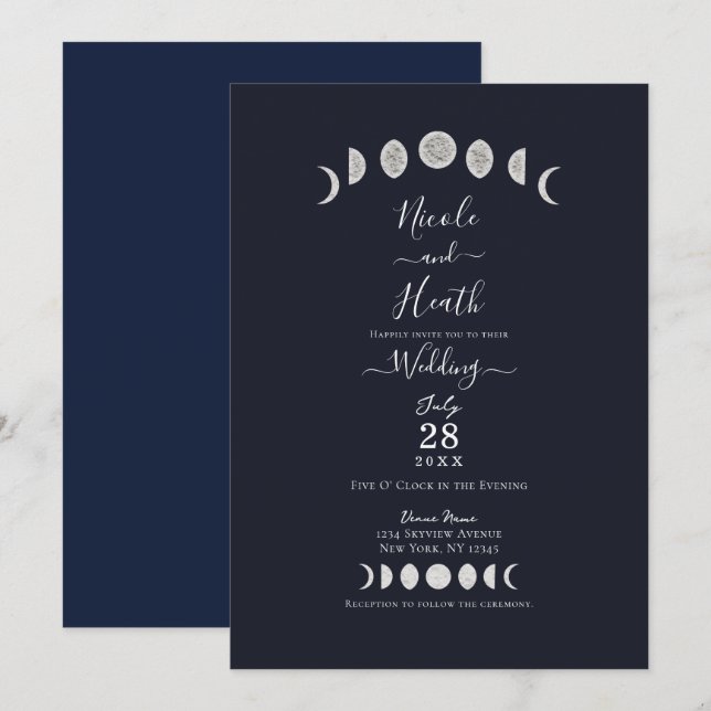 Invitation Phases de Lune Astrologie Céleste Mariage Bleu (Devant / Derrière)