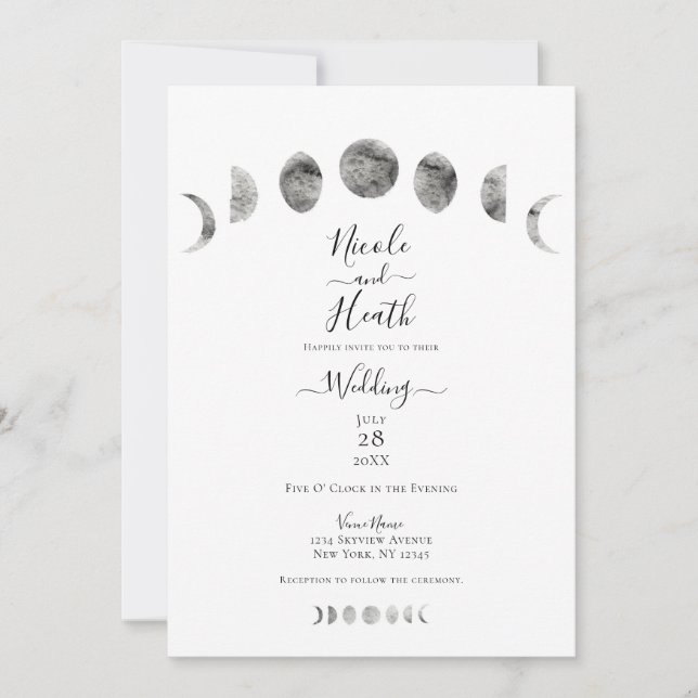 Invitation Phases de lune blanche Aquarelle Mariage minimal (Devant)