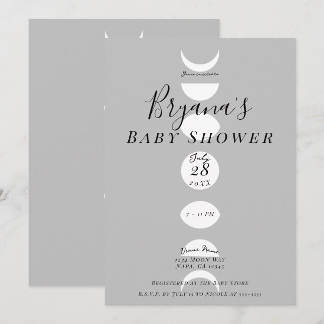 Invitation Phases de lune Cycles Gris & Blanc Baby shower (Devant / Derrière)