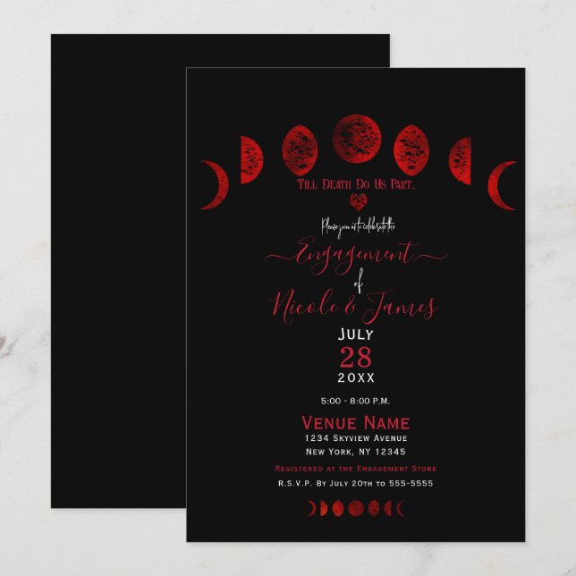 Invitation Phases de lune noire rouge foncé Fête de fiançaill (Devant / Derrière)