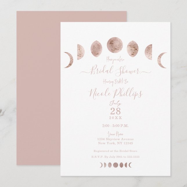 Invitation Phases de lune rose Boho Fête des mariées minimali (Devant / Derrière)