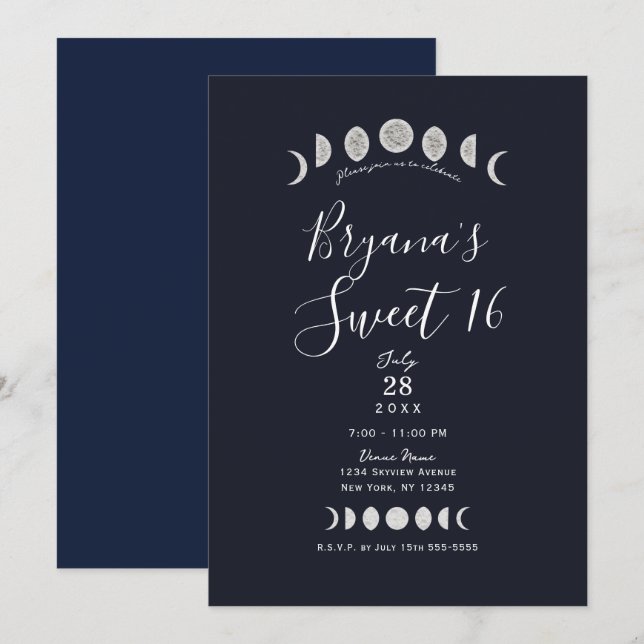 Invitation Phases lunaires Astrologie céleste bleue Sweet 16  (Devant / Derrière)