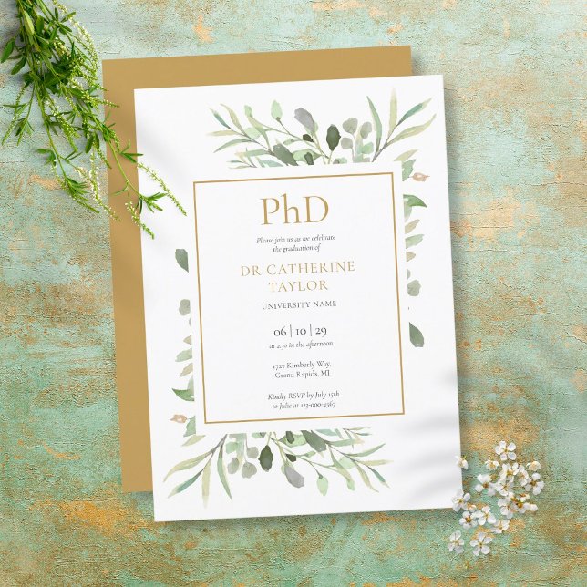Invitation Phd Degree Aquarelle Verdure Gold Graduation (Créateur téléchargé)
