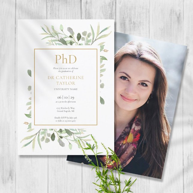 Invitation Phd Degree Aquarelle Verdure Photo Graduation (Phd Degree Watercolor Greenery Photo Graduation Invitation)