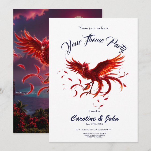 Invitation Phénix cramoisi de la marée au clair de lune. (Devant / Derrière)