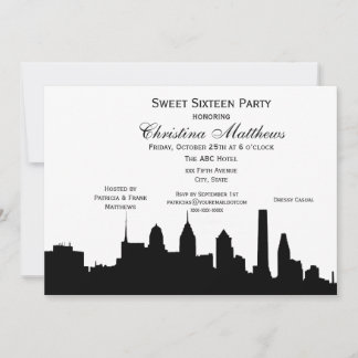 Invitation Philadelphie Black Skyline Silhouette Sweet 16