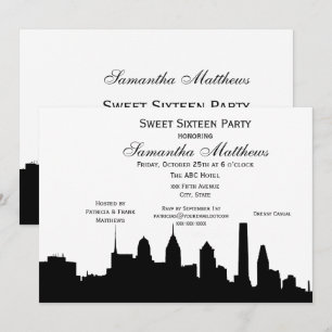 Invitation Philadelphie Black Skyline Silhouette Sweet 16