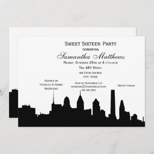 Invitation Philadelphie Black Skyline Silhouette Sweet 16