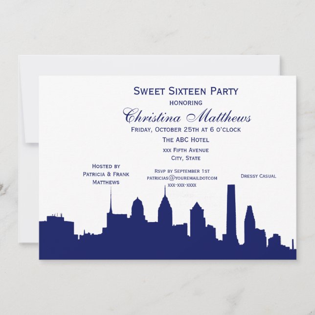 Invitation Philadelphie Marine Skyline Silhouette Sweet 16 (Devant)