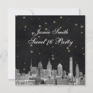 Invitation Philadelphie Skyline Black Gold Star Sweet 16