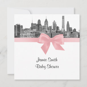 Invitation Philadelphie Skyline Etch BW Baby shower rose