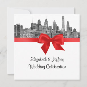 Invitation Philadelphie Skyline Etch BW Mariage rouge