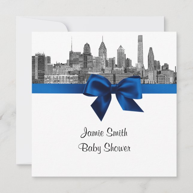 Invitation Philadelphie Skyline Etch BW Royal Blu Baby shower (Devant)