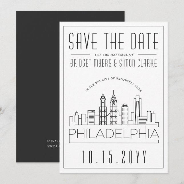 Invitation Philly Mariage | Skyline stylisée Enregistrer la d (Devant / Derrière)