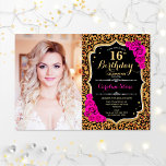 Invitation Photo 16e anniversaire fête Empreinte de léopard o<br><div class="desc">Empreinte de léopard 16ème anniversaire invitation de fête avec votre photo. Caractéristiques guépard motif,  police de script,  roses fuchsia et confetti. Design noir blanc rose avec parties scintillant d'or. Idéal pour une fête élégante de l'anniversaire sweet sixteen poster de animal.</div>