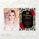 Invitation Photo 16e fête d'anniversaire Red Gold Black Damas<br><div class="desc">16e anniversaire invitation de fête avec votre photo. Caractéristiques damask,  script font,  roses rouges et confetti. Design noir blanc rouge élégant avec de l'or de parties scintillant faux. Parfait pour une fête élégante de l'anniversaire sweet sixteen.</div>