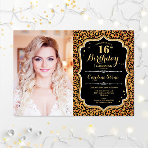 Invitation Photo 16th Birthday Party Gold Empreinte de léopar