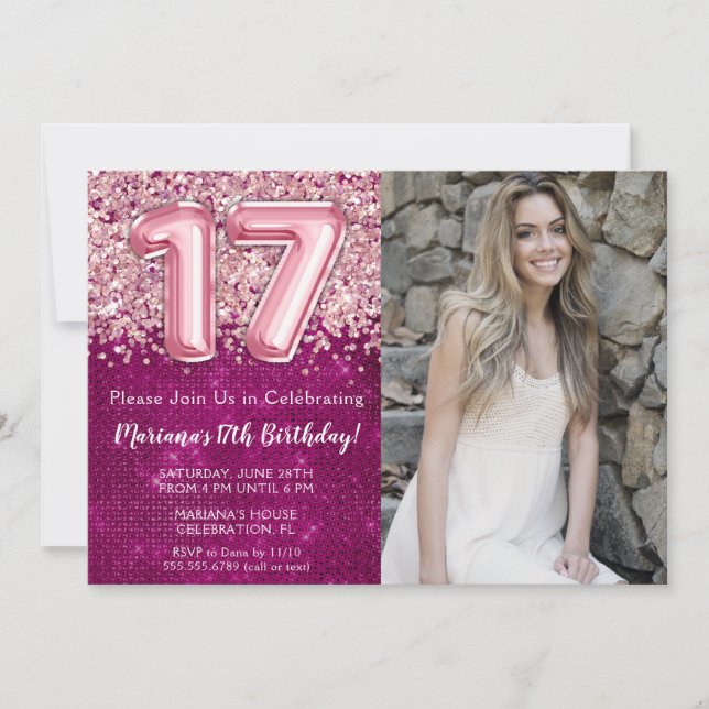 Invitation Photo 17e Anniversaire Fille Magenta Rose (Devant)