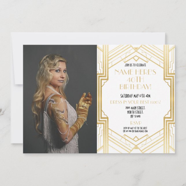 Invitation Photo 1920's Birthday Party Gatsby Gold Art Déco (Devant)