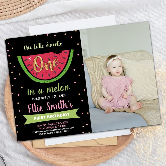 Invitation Photo 1er anniversaire de la pastèque verte (Photo 1st Green Watermelon Birthday Invitation)