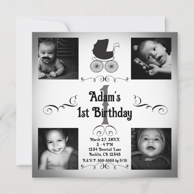 Invitation Photo 1er Anniversaire du transport de Pram noir e (Devant)