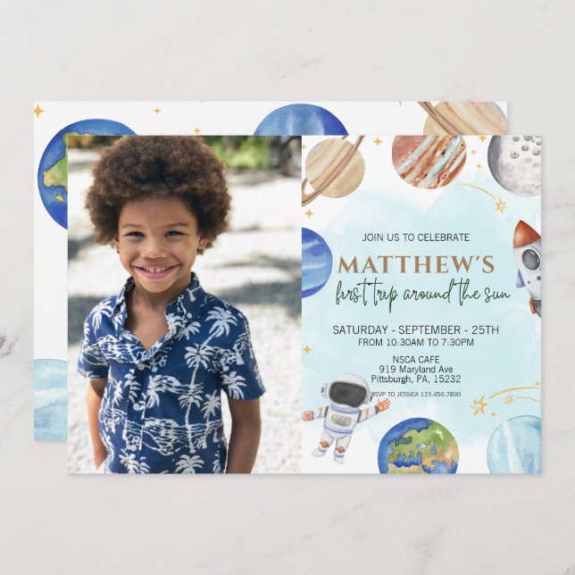 Invitation Photo 1er Anniversaire Fête Premier Voyage Autour  (Devant / Derrière)
