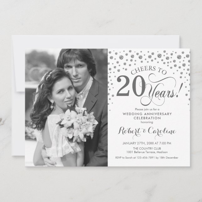Invitation Photo 20e anniversaire de mariage - Blanc argenté (Devant)