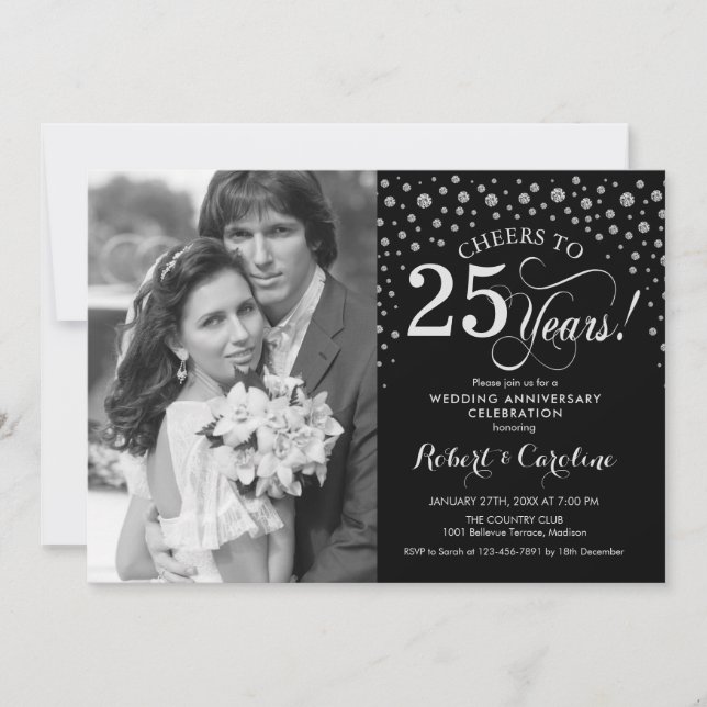 Invitation Photo 25e anniversaire du Mariage - Silver Black (Devant)