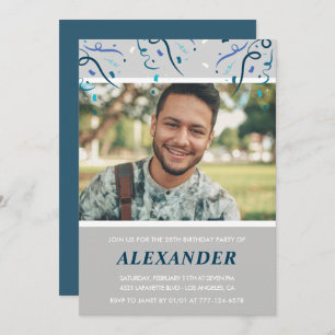 Invitation Photo 28e anniversaire l'invite Blue Confetti