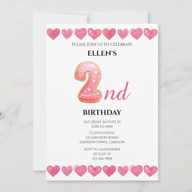 Invitation Photo 2e anniversaire Cœurs d'amour roses (Devant)