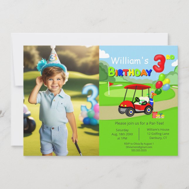 Invitation Photo 3e anniversaire Red Golf Cart Boy's (Devant)