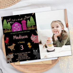 Invitation Photo 3e Black Red Farm Animaux Anniversaire