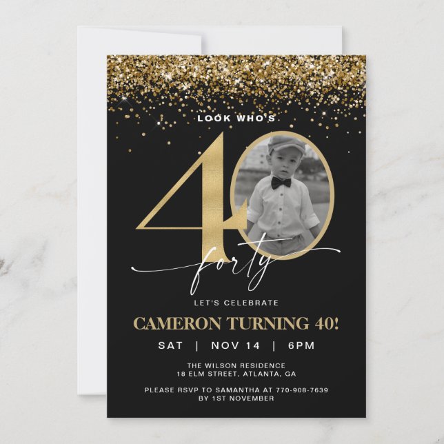 Invitation photo 40 ans moderne avec paillettes no (Devant)