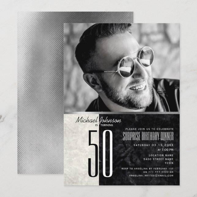 Invitation Photo 40e Anniversaire , Marbre Noir et Blanc (Devant / Derrière)