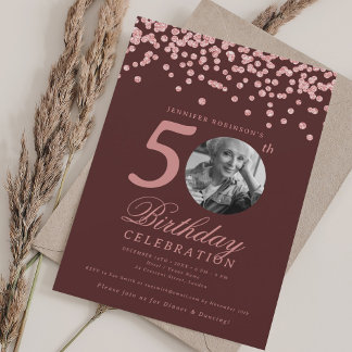 Invitation Photo 50e Anniversaire Confettis Rose Gold Bourgog
