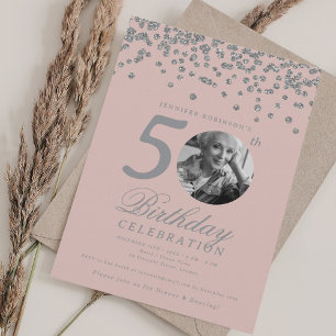 Invitation Photo 50e anniversaire Silver Confetti Blush Pink